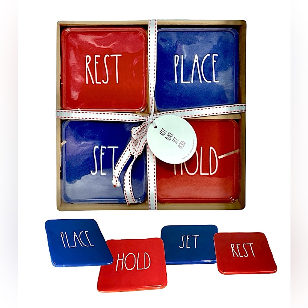 RAE DUNN REST/SET/HOLD/PLACE red/blue ceramic coaster set NIB